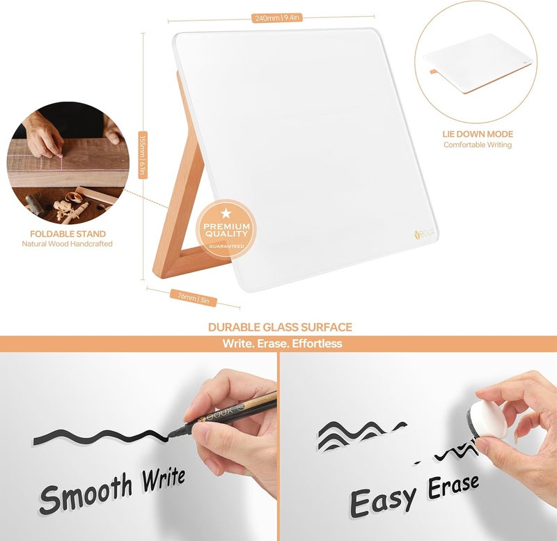 YEOUX Glass Desk Whiteboard with Reversible Wood Stand, Desktop Small White Board, Reusable Mini Dry Erase Board 6.7"x9.5" for Office, Home, School, Marker&Eraser Included - Image 3